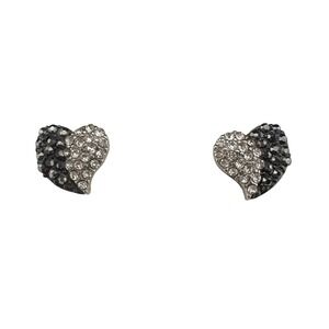 Sparkling Heart Earrings Black White Rhinestone Silver Tone Studs